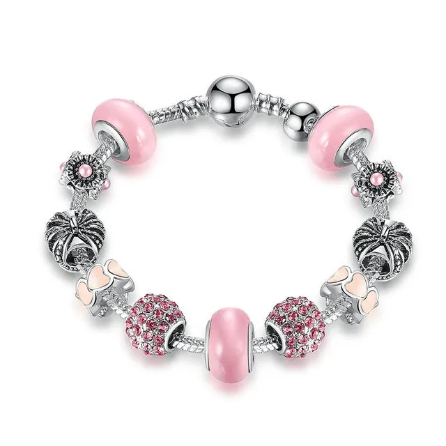 BAMOER Silver Charm Bracelet & Bangle with Royal Crown Charm and Crystal Ball White Beads for Women Drop Shipping PA1456