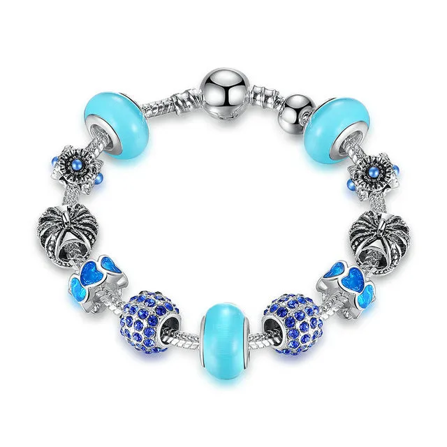 BAMOER Silver Charm Bracelet & Bangle with Royal Crown Charm and Crystal Ball White Beads for Women Drop Shipping PA1456