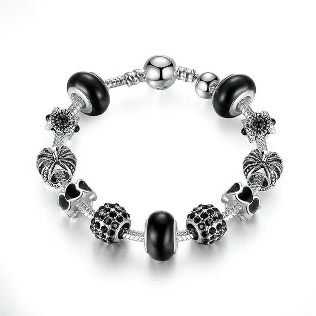 BAMOER Silver Charm Bracelet & Bangle with Royal Crown Charm and Crystal Ball White Beads for Women Drop Shipping PA1456