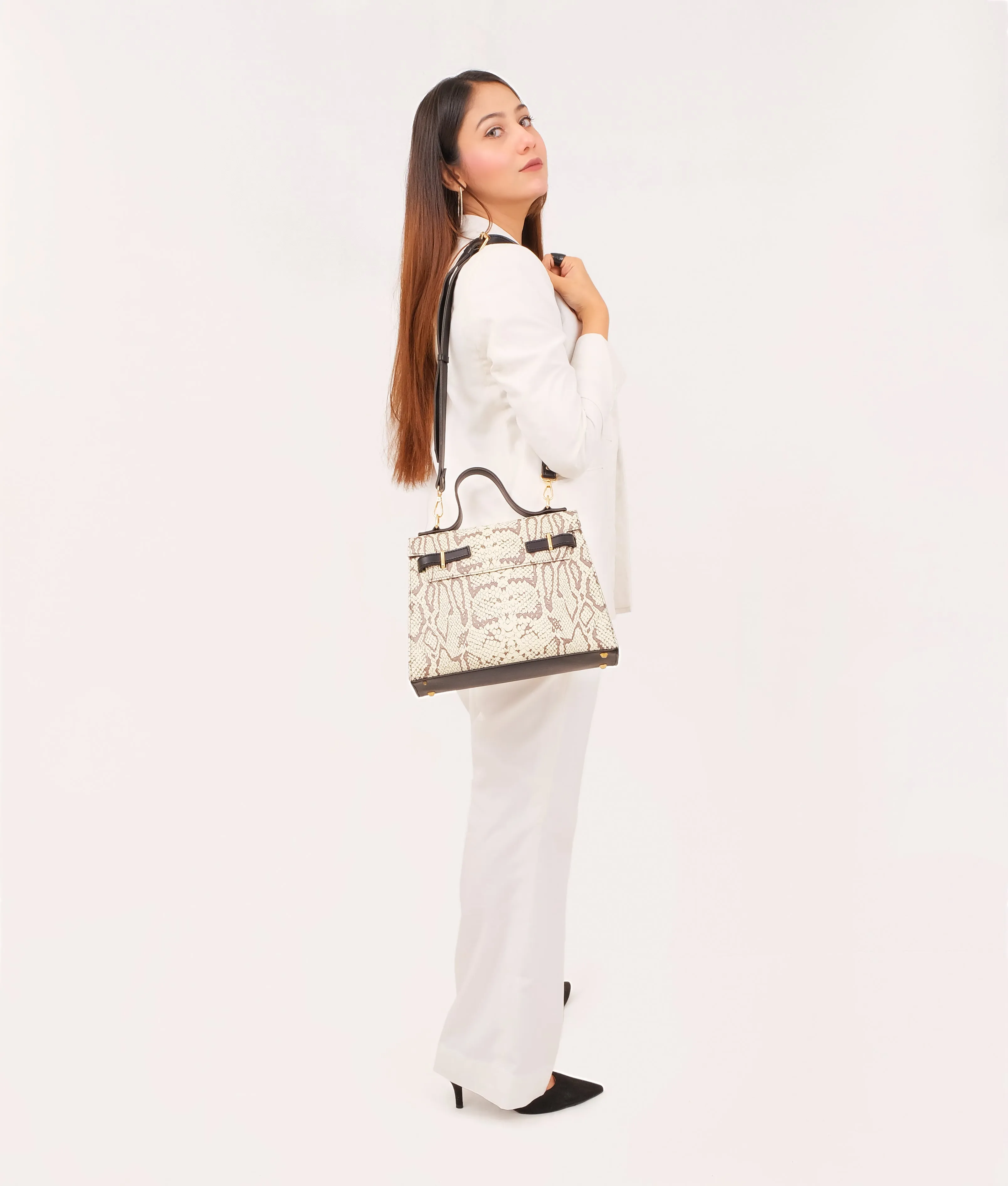 Black and white crocodile cross-body bag with top-handle