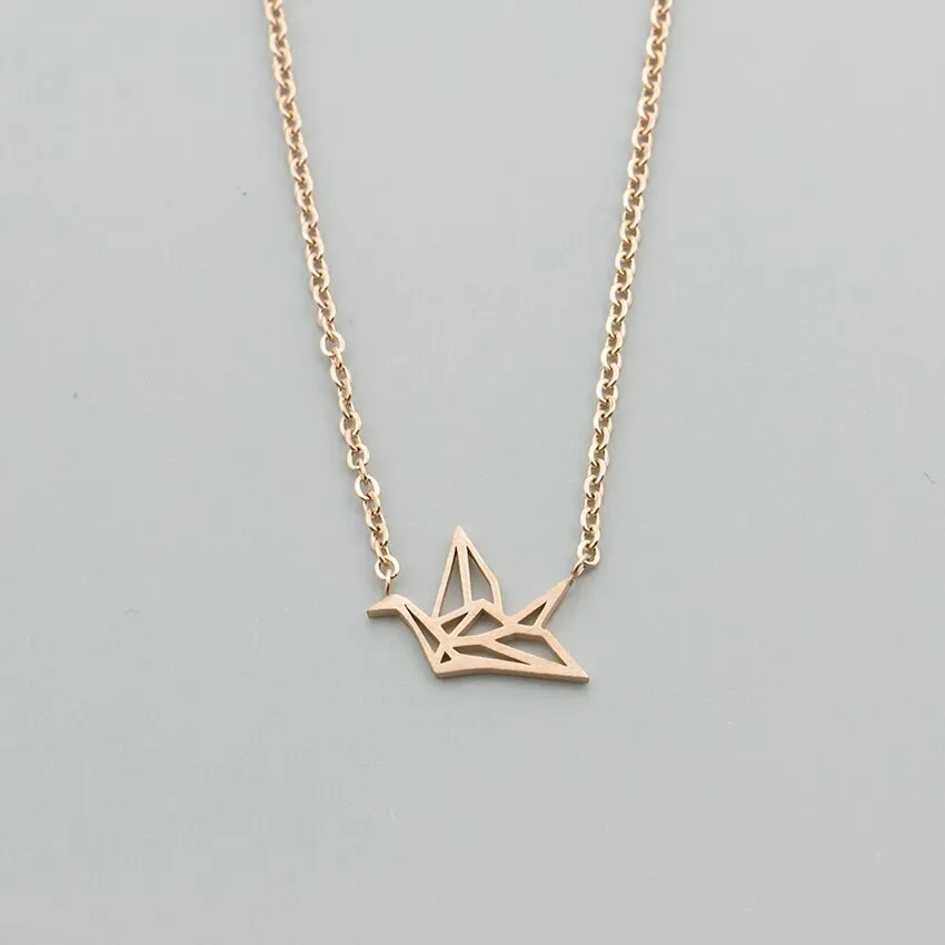 Cute Origami Crane Charm Necklace Stainless Steel