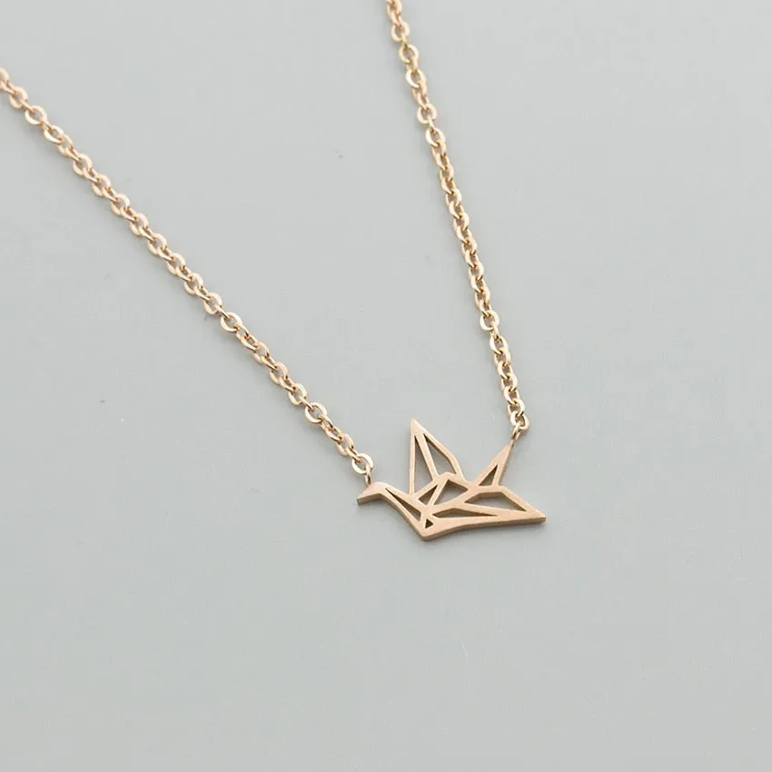 Cute Origami Crane Charm Necklace Stainless Steel