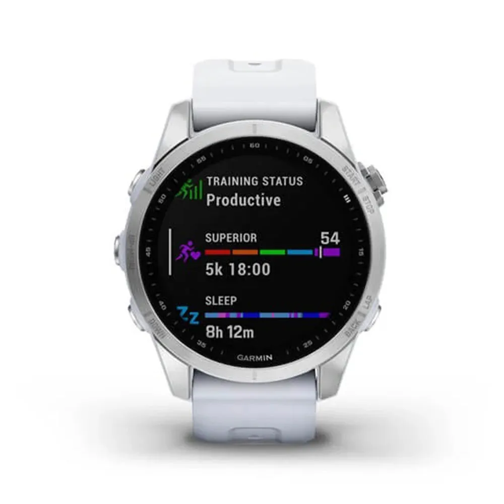 Garmin fenix 7S – Standard Edition Silver with Whitestone Band Touchscreen Smaller Sized Adventure smartwatch - 010-02539-02