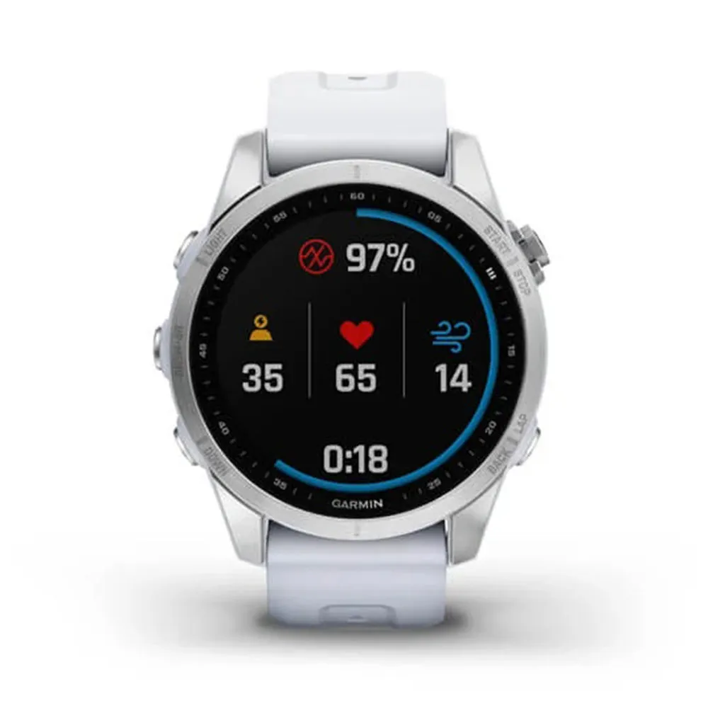 Garmin fenix 7S – Standard Edition Silver with Whitestone Band Touchscreen Smaller Sized Adventure smartwatch - 010-02539-02