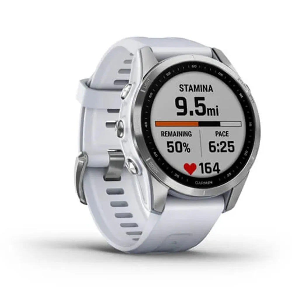 Garmin fenix 7S – Standard Edition Silver with Whitestone Band Touchscreen Smaller Sized Adventure smartwatch - 010-02539-02