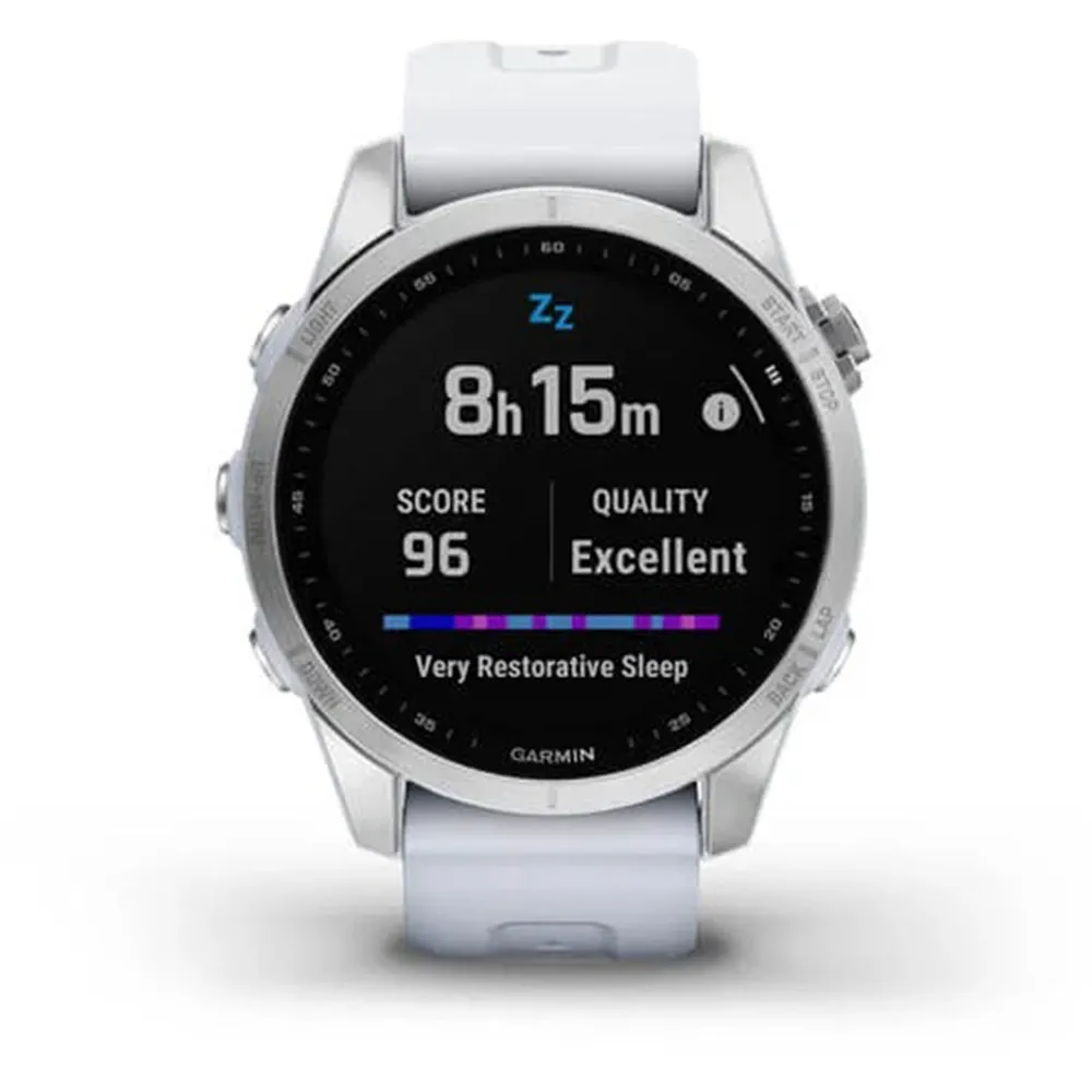 Garmin fenix 7S – Standard Edition Silver with Whitestone Band Touchscreen Smaller Sized Adventure smartwatch - 010-02539-02