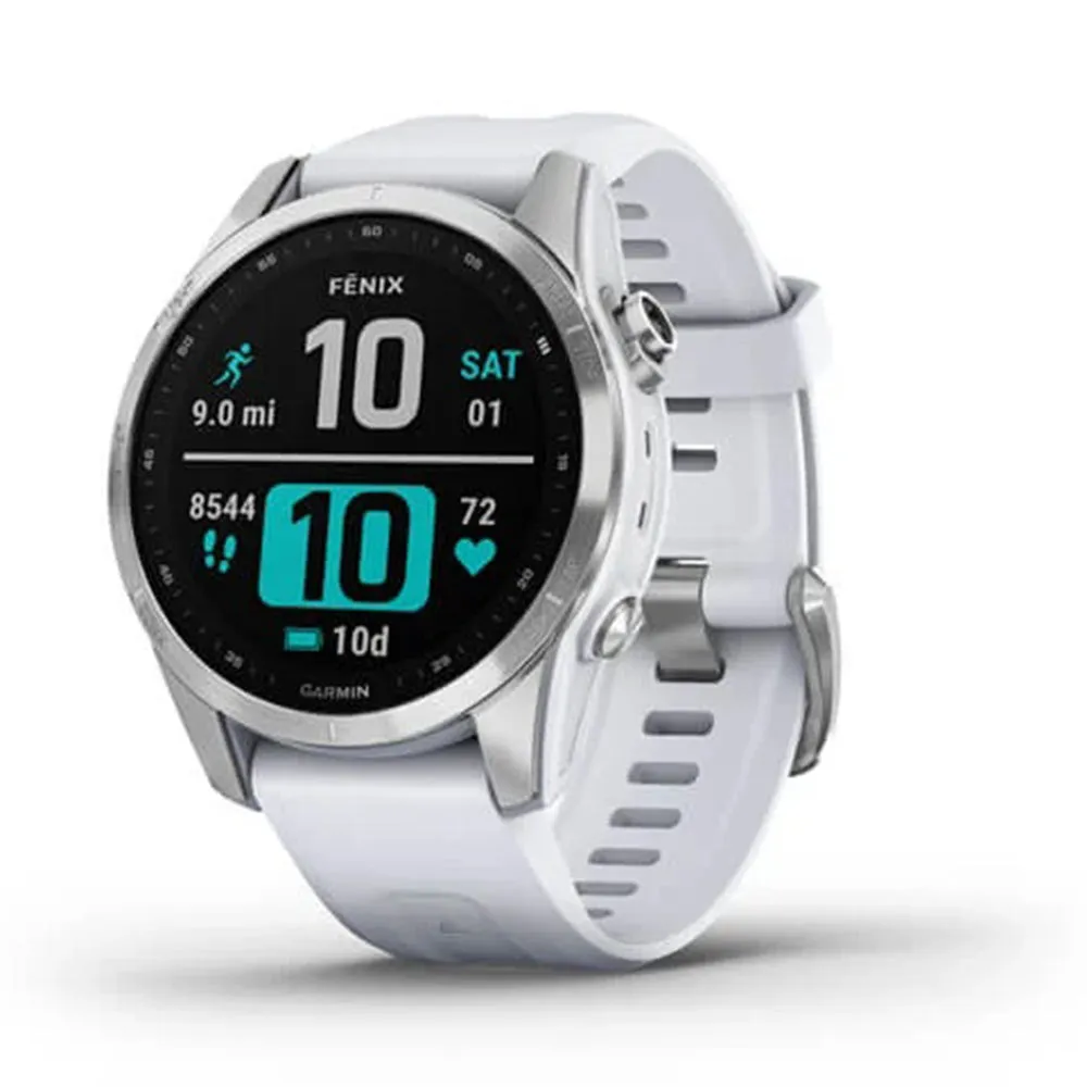 Garmin fenix 7S – Standard Edition Silver with Whitestone Band Touchscreen Smaller Sized Adventure smartwatch - 010-02539-02