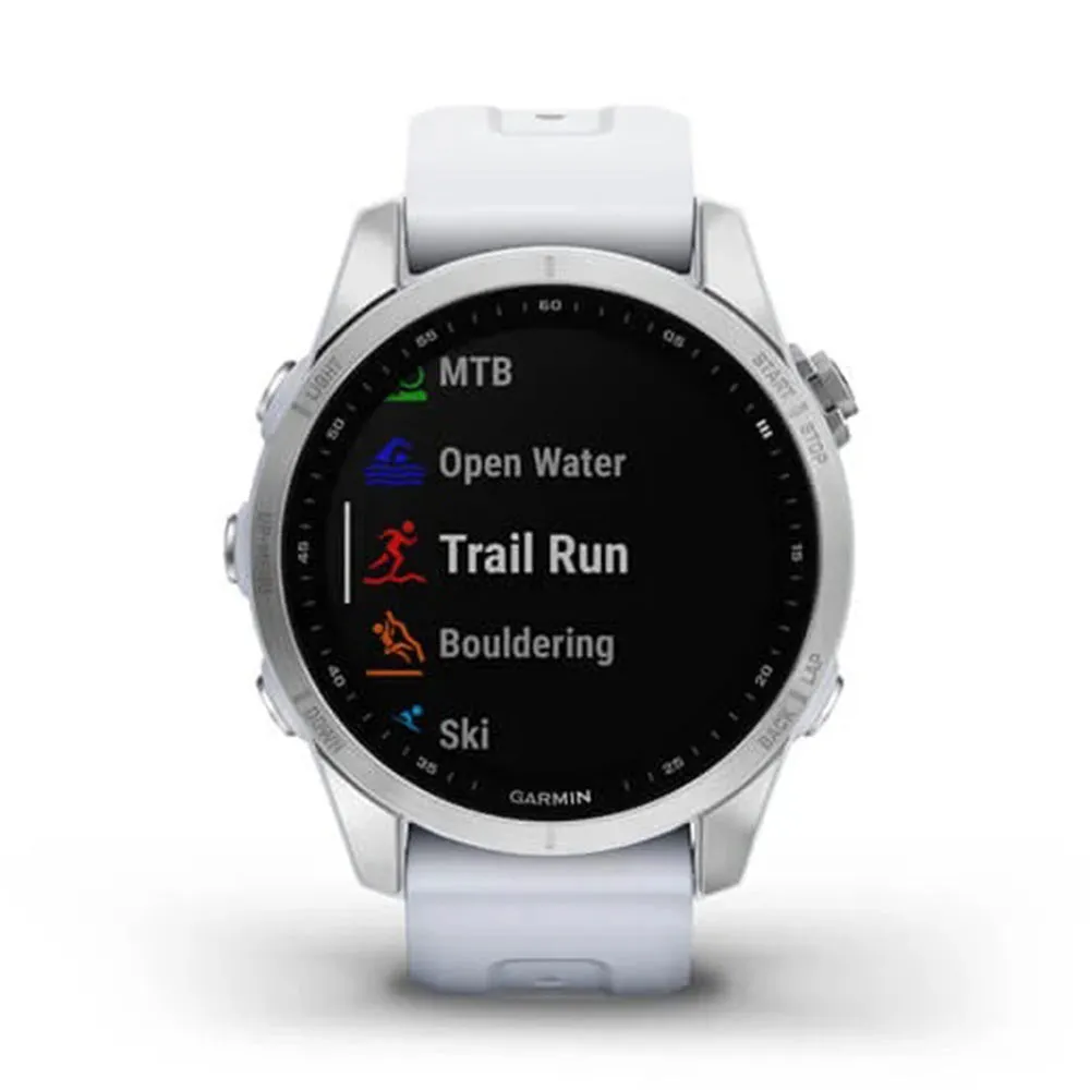 Garmin fenix 7S – Standard Edition Silver with Whitestone Band Touchscreen Smaller Sized Adventure smartwatch - 010-02539-02