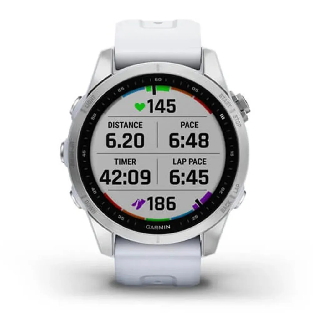 Garmin fenix 7S – Standard Edition Silver with Whitestone Band Touchscreen Smaller Sized Adventure smartwatch - 010-02539-02