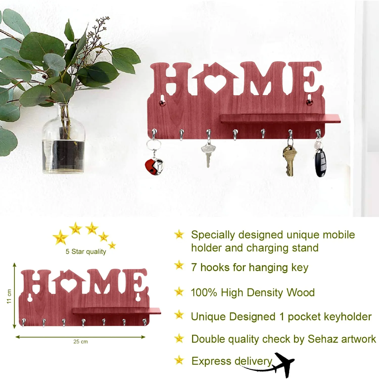 Heart Home Wooden Home Design 7 Hooks Mounted Key Holder | Key Stand with Shelf for Home Decorative (Brown)