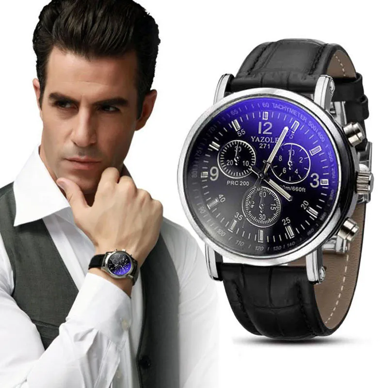 Hot Montre Popular New Men's Watch Luxury Brand Business Hour Faux Leather Mens Blue Ray Glass Quartz Analog Watches