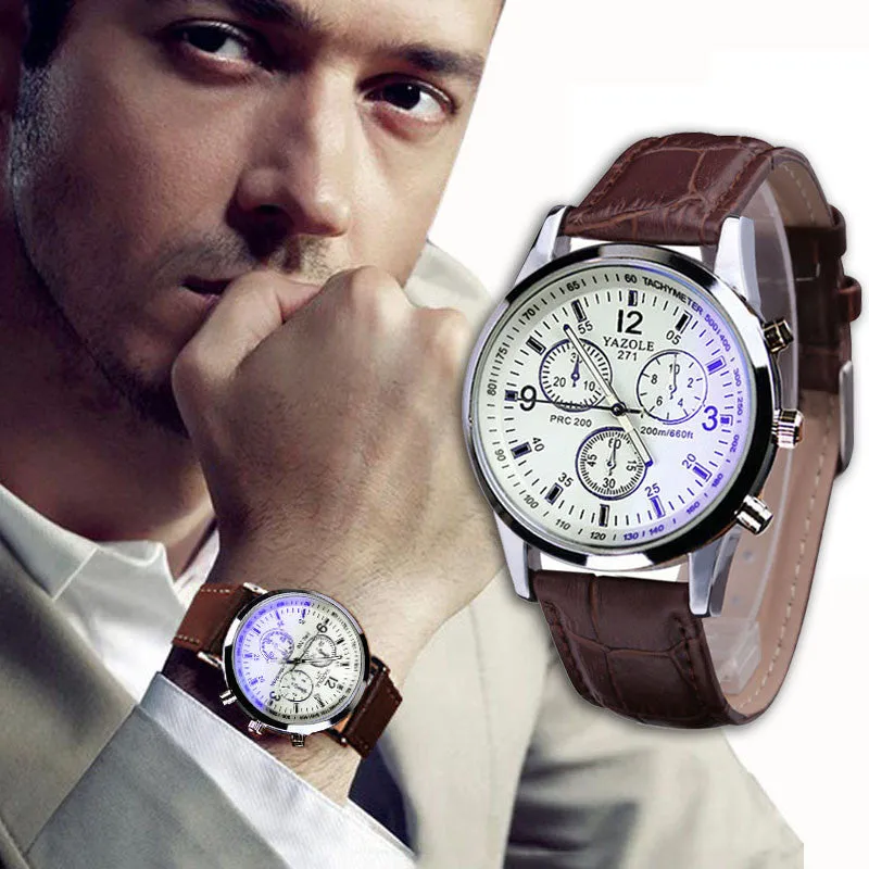 Hot Montre Popular New Men's Watch Luxury Brand Business Hour Faux Leather Mens Blue Ray Glass Quartz Analog Watches