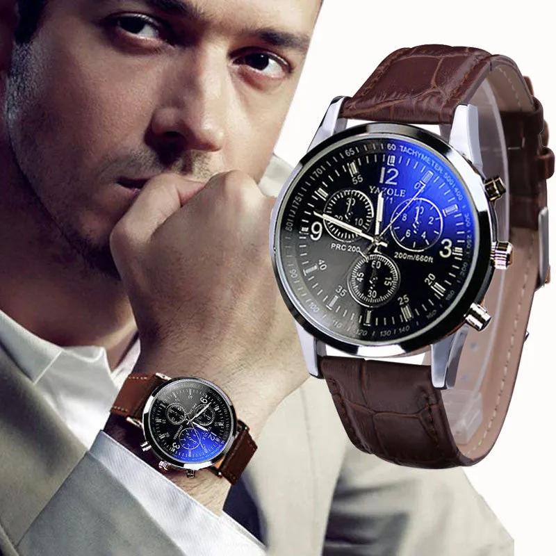 Hot Montre Popular New Men's Watch Luxury Brand Business Hour Faux Leather Mens Blue Ray Glass Quartz Analog Watches