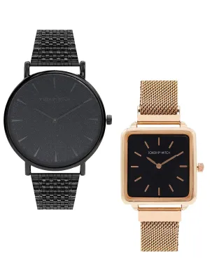 Joker & Witch Stainless Steel Morticia & Gomez Couple Analogue Watches, Black Dial, Rose Gold Band