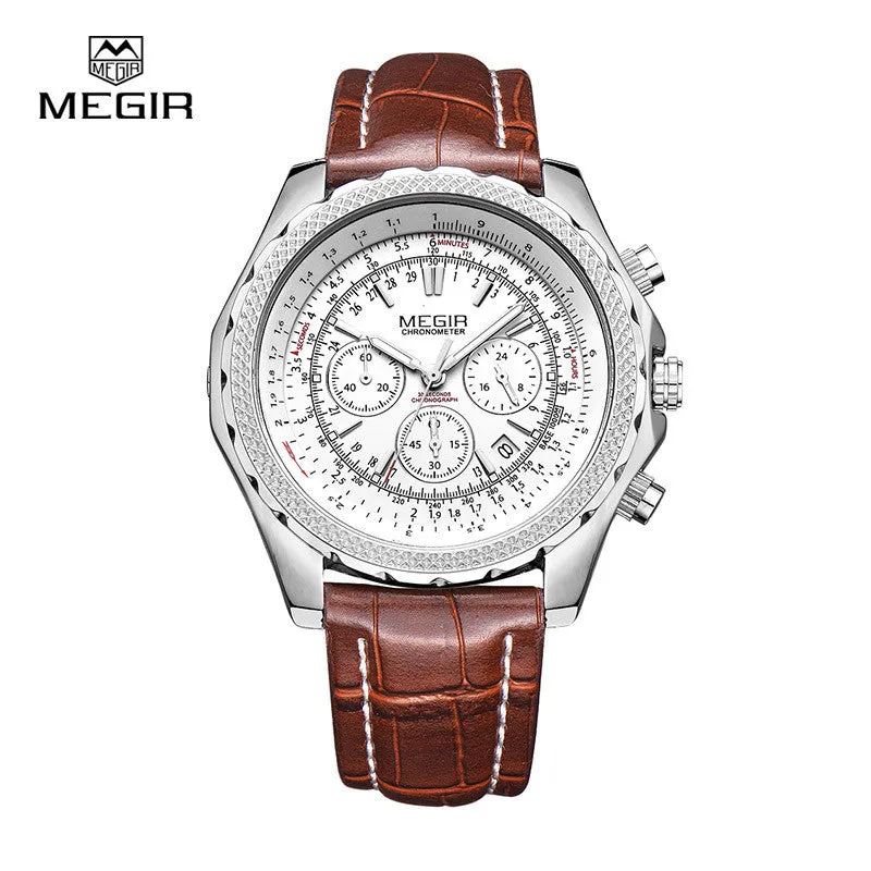 Megir fashion casual stop watches for men luminous running brand watch for man leather quartz watch male