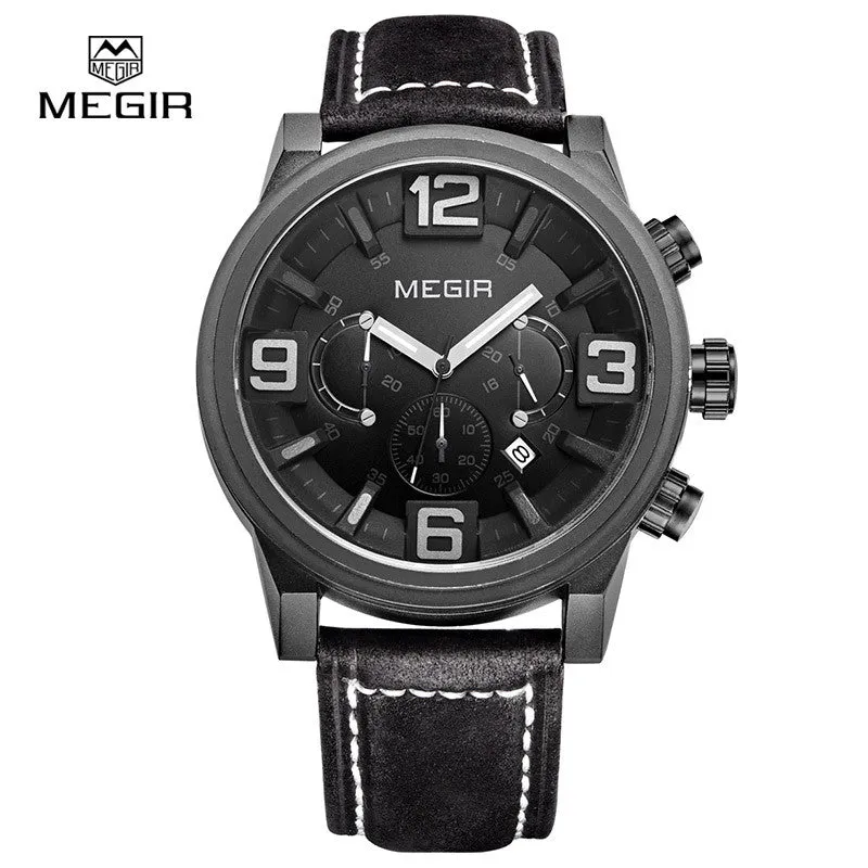 MEGIR new fashion casual quartz watch men large dial waterproof chronograph releather wrist watch relojes