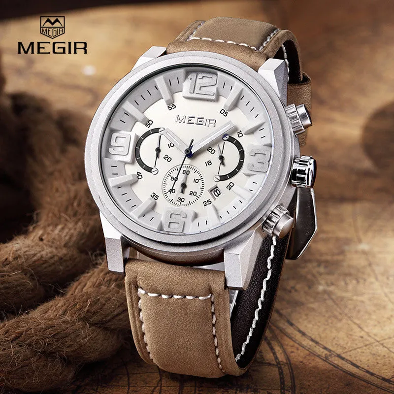 MEGIR new fashion casual quartz watch men large dial waterproof chronograph releather wrist watch relojes