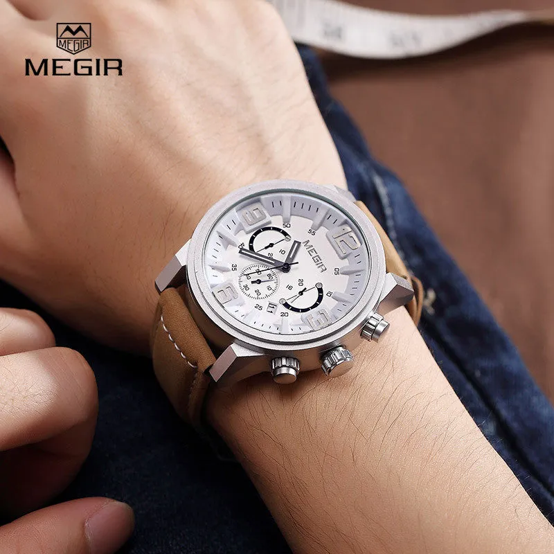 MEGIR new fashion casual quartz watch men large dial waterproof chronograph releather wrist watch relojes