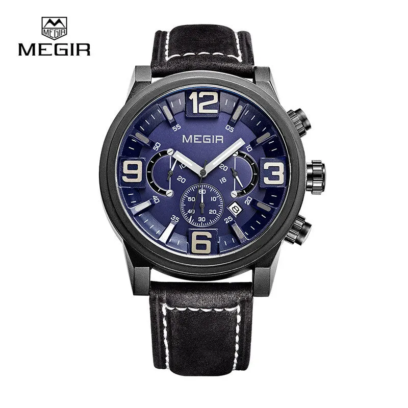 MEGIR new fashion casual quartz watch men large dial waterproof chronograph releather wrist watch relojes