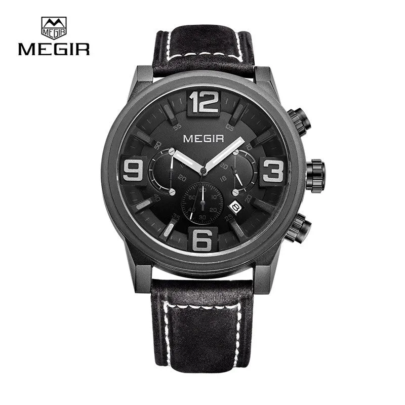 MEGIR new fashion casual quartz watch men large dial waterproof chronograph releather wrist watch relojes