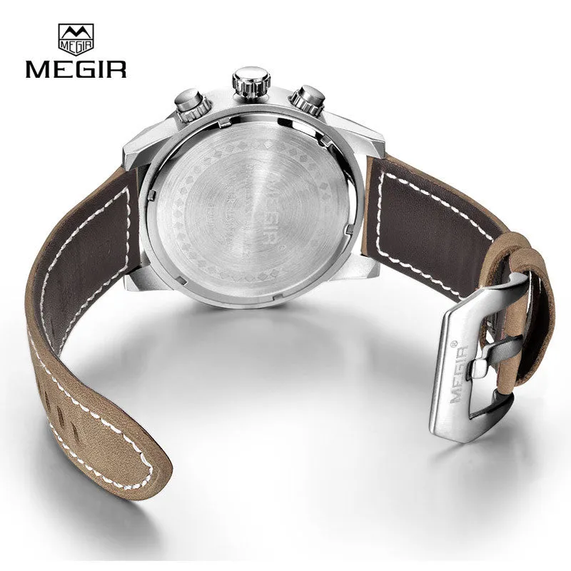 MEGIR new fashion casual quartz watch men large dial waterproof chronograph releather wrist watch relojes