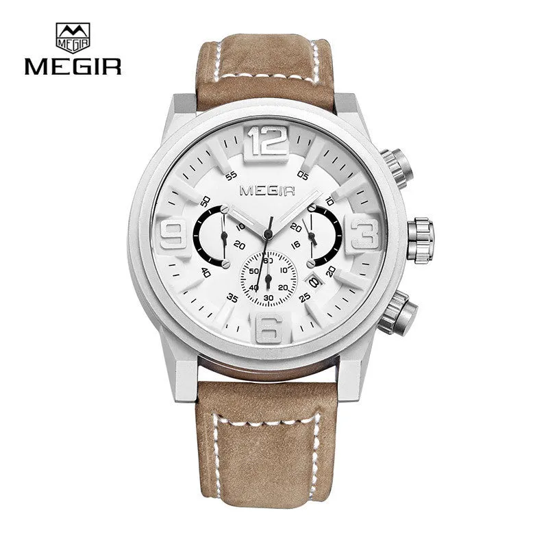 MEGIR new fashion casual quartz watch men large dial waterproof chronograph releather wrist watch relojes