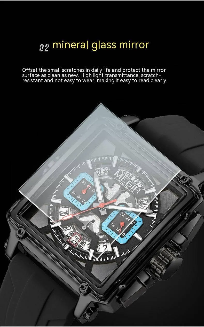 Megir Square Waterproof Luminous Sports Quartz Multi-function Watch