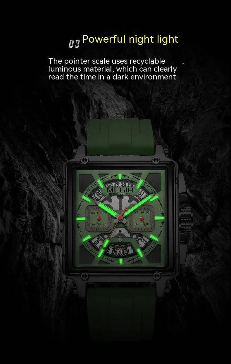 Megir Square Waterproof Luminous Sports Quartz Multi-function Watch