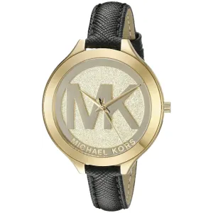 Michael Kors Slim Runway Black Leather Strap Gold Dial Quartz Watch for Ladies - MK2392