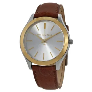 Michael Kors Slim Runway Brown Leather Strap Silver Dial Quartz Watch for Ladies - MK2259