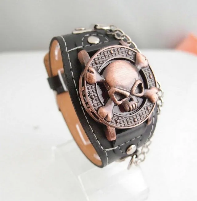 New Arrival Leather Watch wristwatches Cool Skull with Cover Design Leather Watch men TOP quality