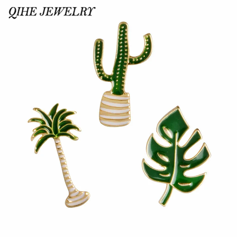 QIHE JEWELRY Cactus Palm Leaves Plant Tree Natural Lapel Pin Enamel Brooch Collar Pins Cactus Gift Cactus Jewelry