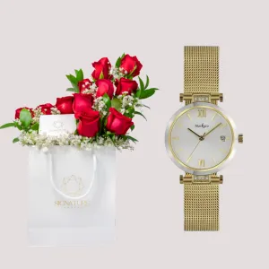 Red Flowers Arrangement with MARKATO Women Watch with White Dial