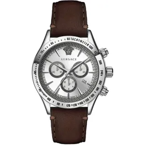 Sophisticated Silver Grey Chronograph Watch with Chocolate Brown Leather Band for Men