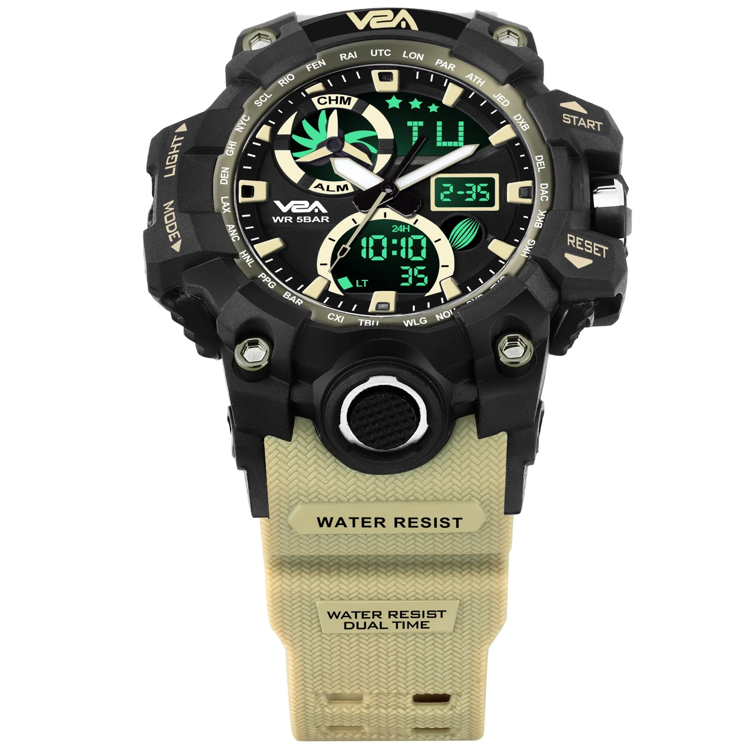 V2A Chronograph Shock Resistant Army Digital Analog Watch with Dual Time Zone and Countdown Timer for Men and Boys (Khakhi)