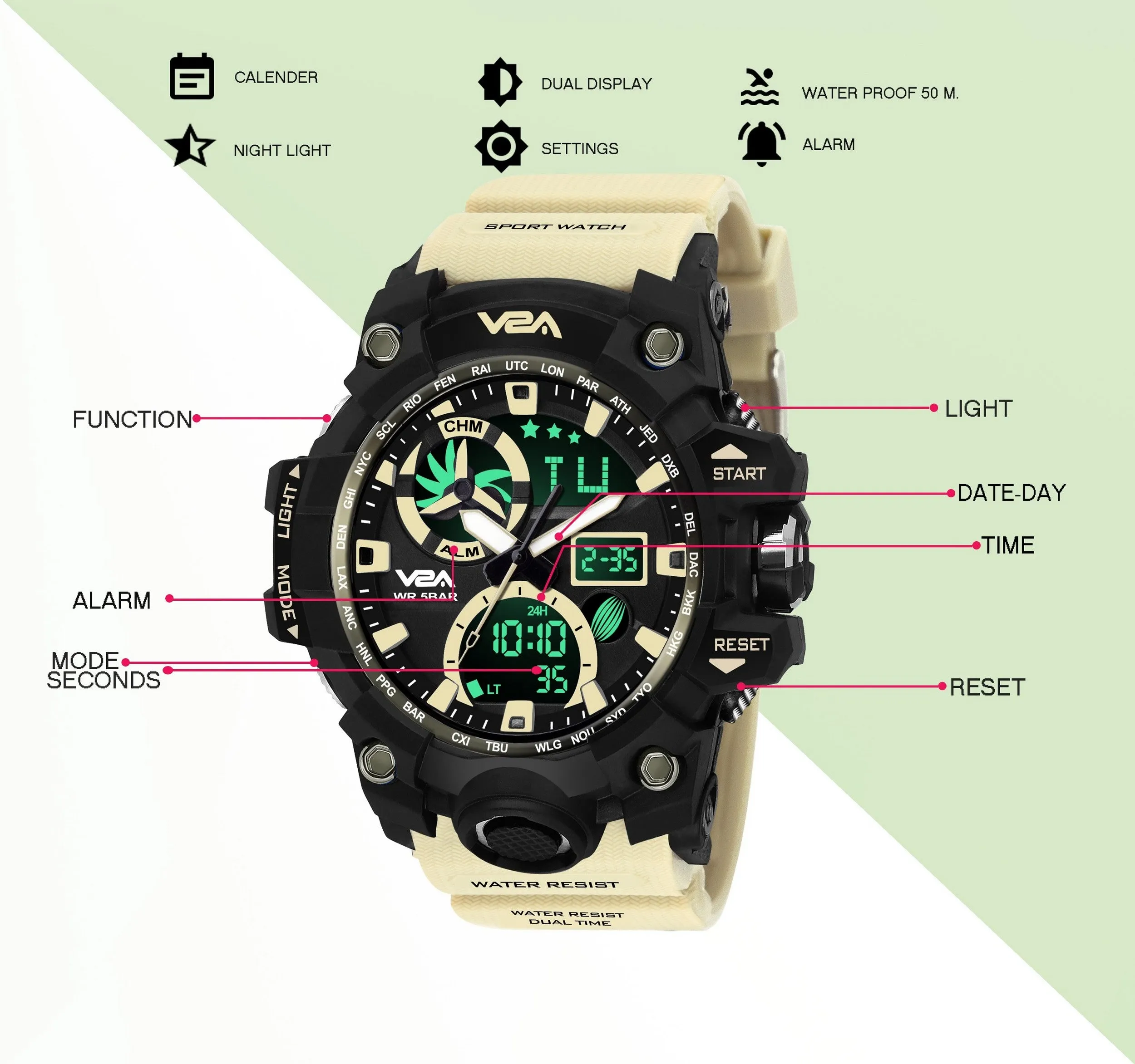 V2A Chronograph Shock Resistant Army Digital Analog Watch with Dual Time Zone and Countdown Timer for Men and Boys (Khakhi)