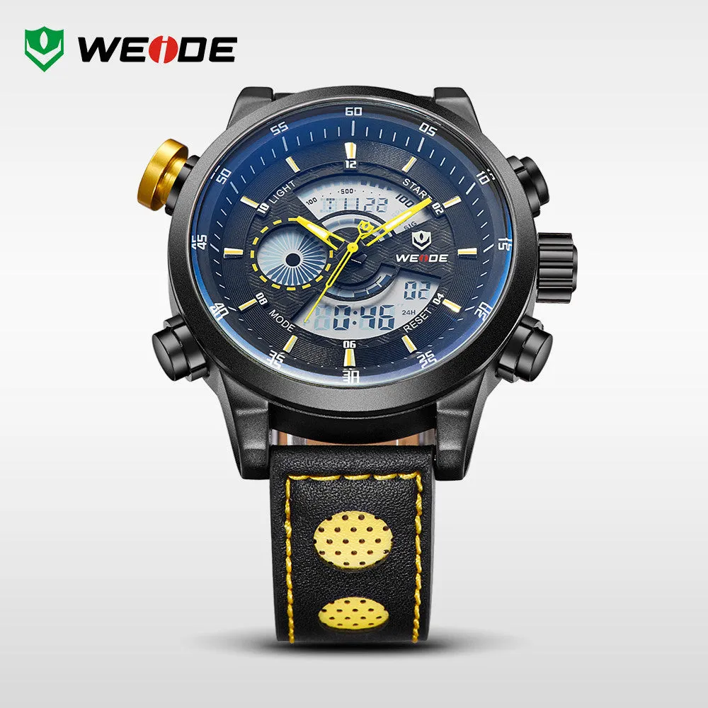 WEIDE Men Wristwatches Famous Brand Original Quartz Digital Mov't Genuine Leather Strap Multifunctional Outdoor Waterproof Watch