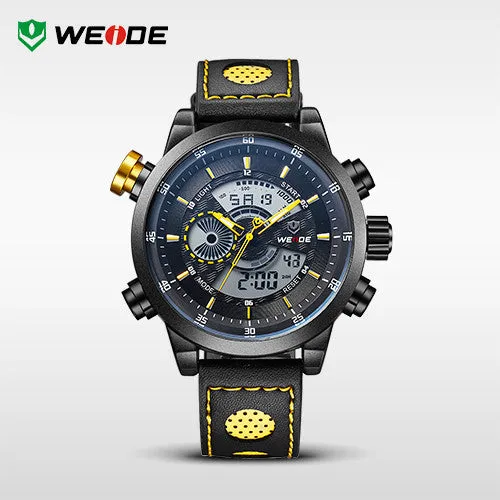 WEIDE Men Wristwatches Famous Brand Original Quartz Digital Mov't Genuine Leather Strap Multifunctional Outdoor Waterproof Watch