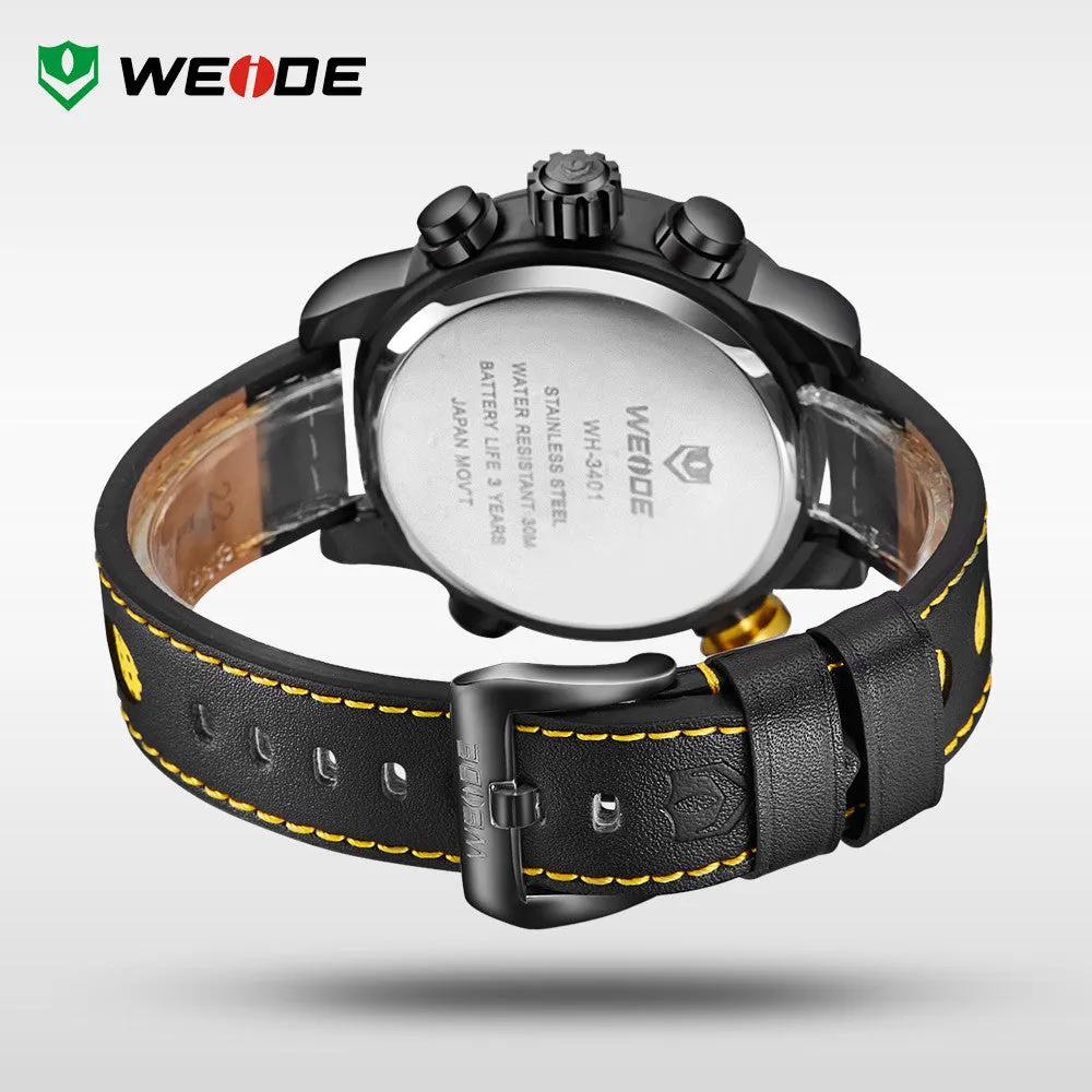 WEIDE Men Wristwatches Famous Brand Original Quartz Digital Mov't Genuine Leather Strap Multifunctional Outdoor Waterproof Watch