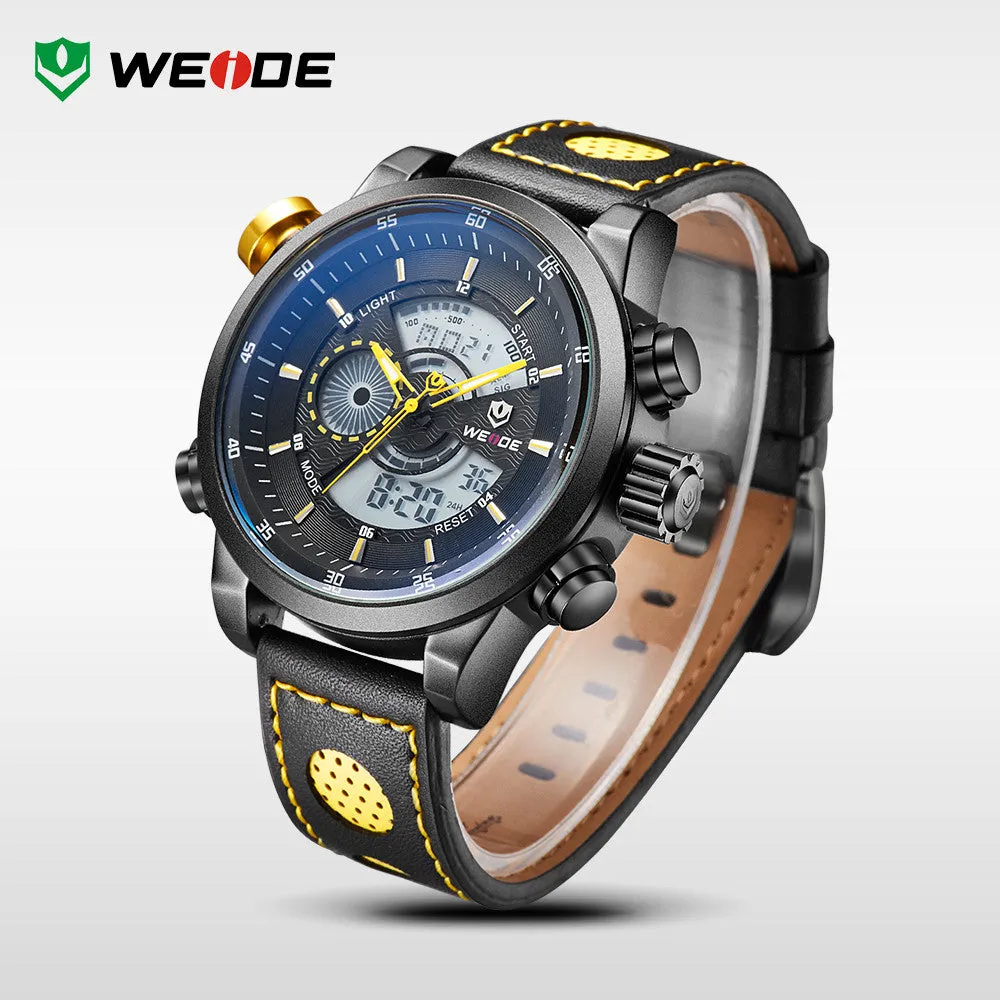 WEIDE Men Wristwatches Famous Brand Original Quartz Digital Mov't Genuine Leather Strap Multifunctional Outdoor Waterproof Watch