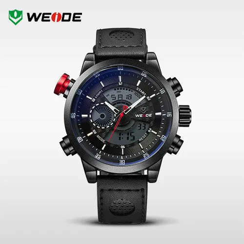 WEIDE Men Wristwatches Famous Brand Original Quartz Digital Mov't Genuine Leather Strap Multifunctional Outdoor Waterproof Watch