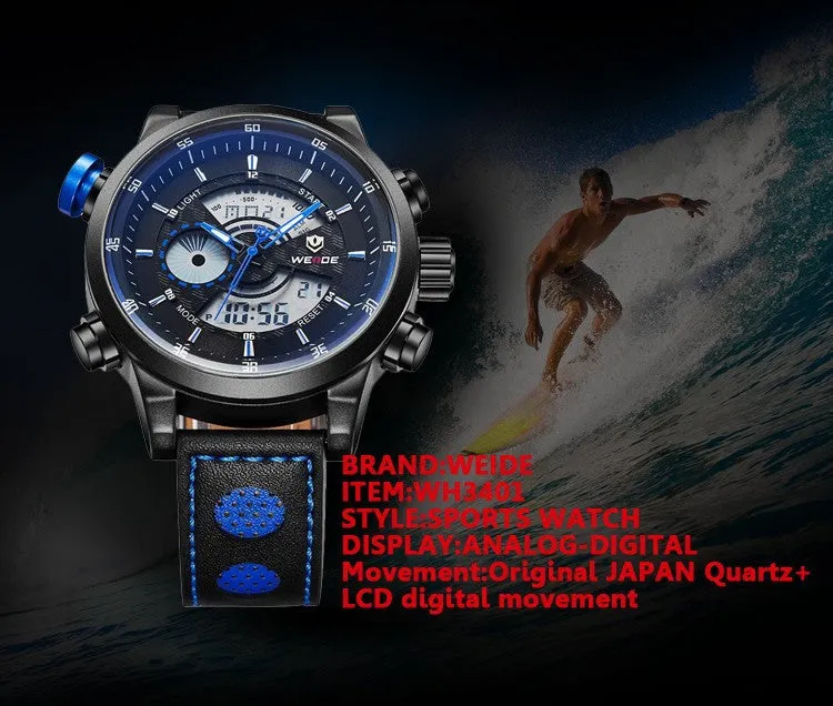 WEIDE Men's Fashion Casual Sports Watch Quartz Digital LED Back Light Military 30m Waterproof Men Watches