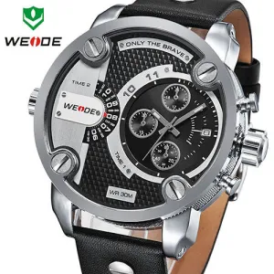 WEIDE New Oversized Men's Quartz Leather Strap Sports Military Watches Luxury Brand Quartz Watch 3ATM Water Resistant