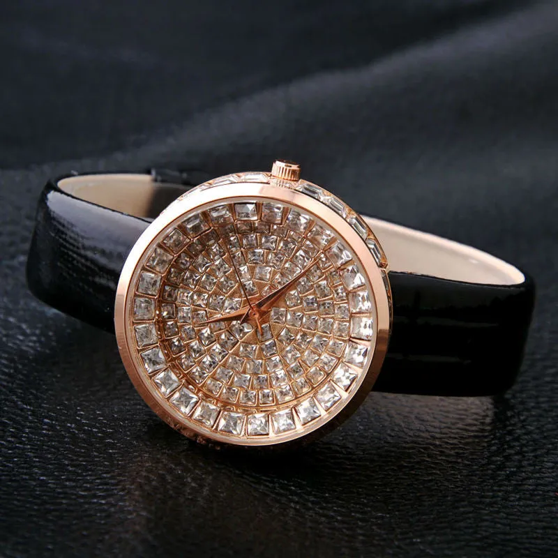 Women Watch Luxury Brand GUOU Genuine Leather Strap Full Crystal Diamond Bling Analog Quartz Ladies Wristwatch Mujer Relojes