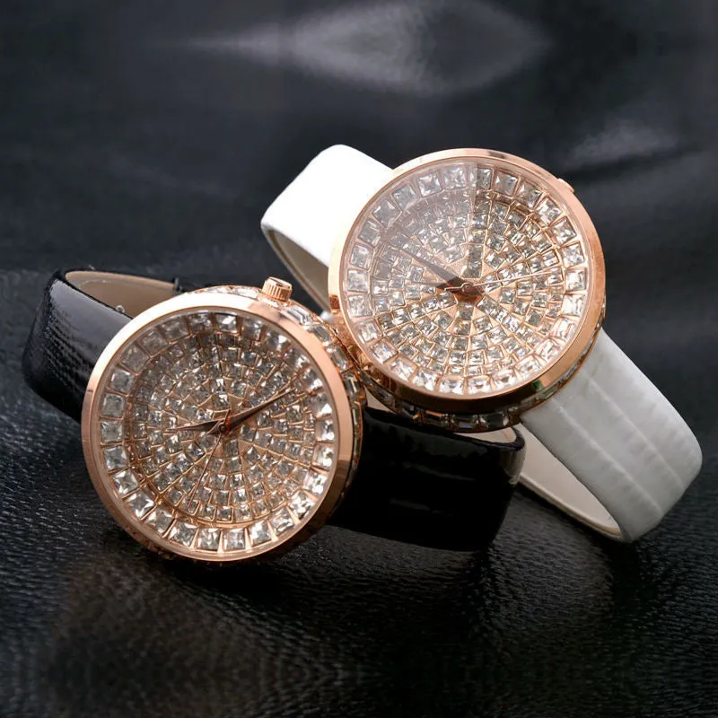 Women Watch Luxury Brand GUOU Genuine Leather Strap Full Crystal Diamond Bling Analog Quartz Ladies Wristwatch Mujer Relojes